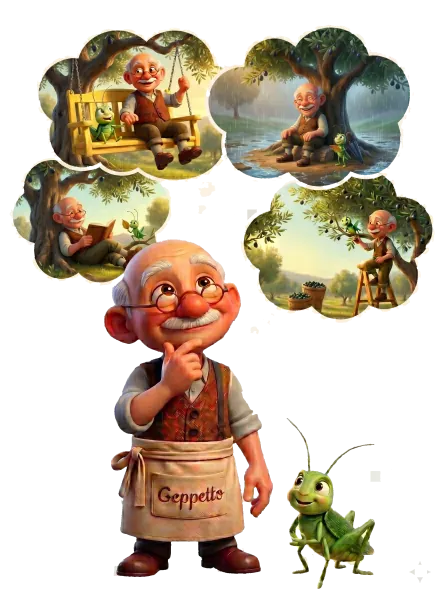 Geppetto, el artesano de familias, al inicio del camino del olivo.